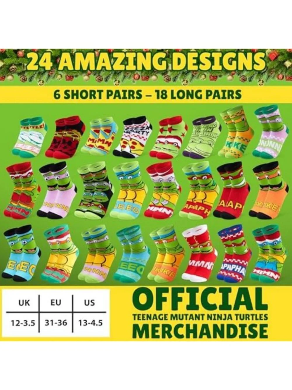 24 Pcs Teenage Mutant Ninja Turtles Socks Advent Calendar for Kids 2026